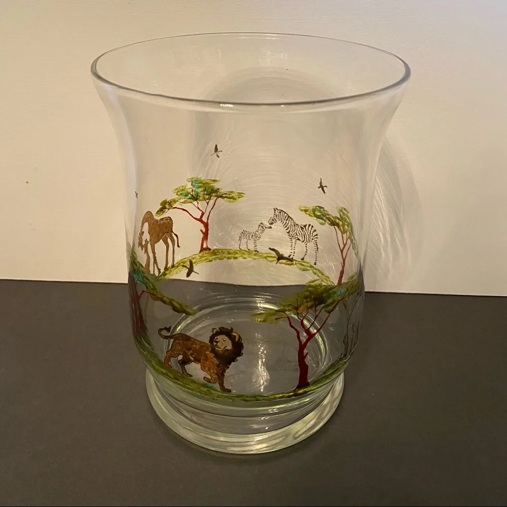 LOZIER GLASS CANDLE HOLDER HAND PAINTED SAFARI ANIMALS 8” HIGH HOME ACCENT USA